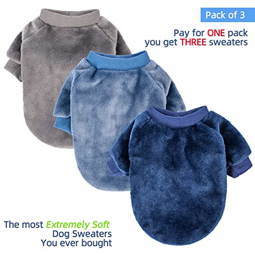 FabriCastle 3-Pack Dog Sweaters for Small Dogs & Cats – Ultra Soft Warm Pet Jackets in Grey, Blue, Dark Blue (XX-Small)