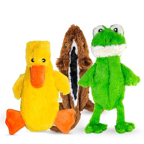 FGA MARKETPLACE Flat Plush Dog Toy No Stuffing No Squeak, 21 Inch Duck-Frog-Squirrel, for Small & Medium Dogs