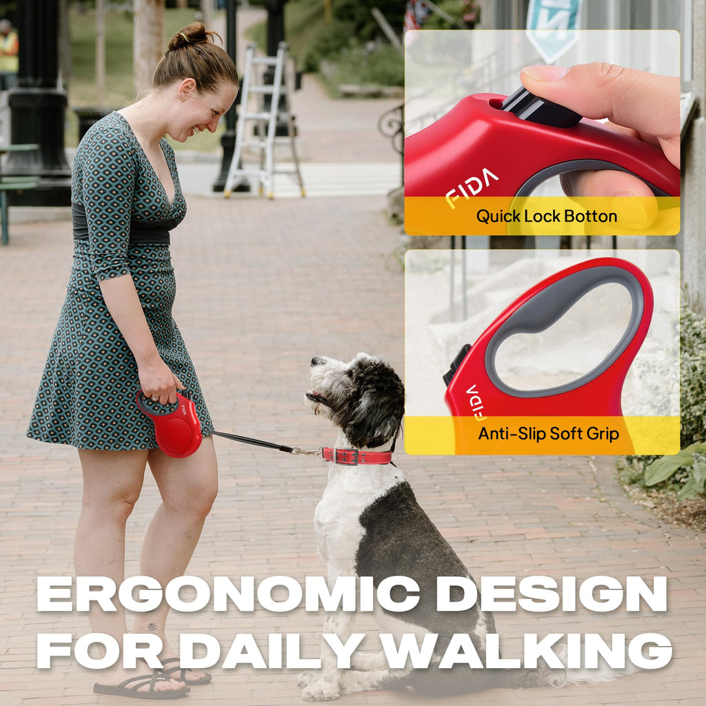 Fida 16 ft Retractable Dog Leash for Small Dogs (Up to 26 lbs) – Red, Reflective, Tangle-Free