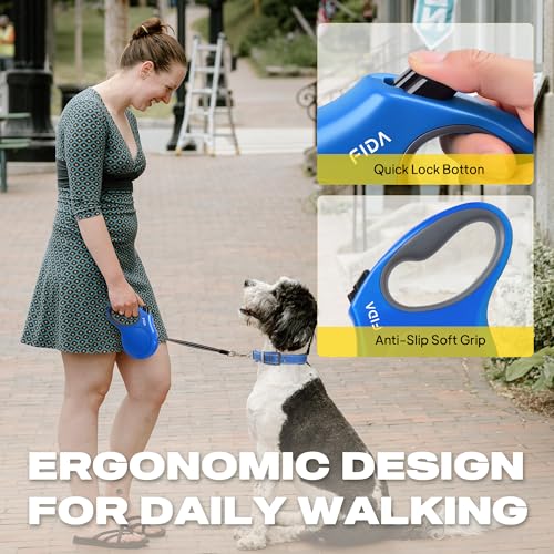 Fida 16ft Retractable Dog Leash for Small Dogs - Blue, Up to 26lbs, Reflective & Tangle-Free
