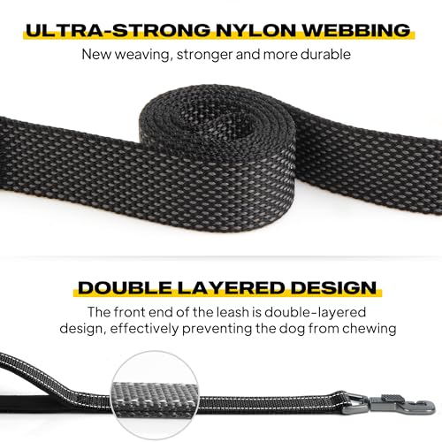 Fida 4-Foot Heavy Duty Dog Leash with Padded Handles & Traffic Handle, Reflective, Black