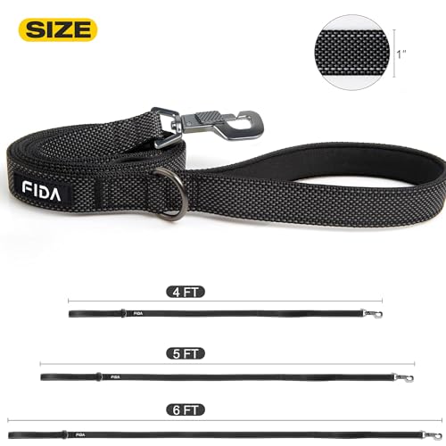 Fida 4-Foot Heavy Duty Dog Leash with Padded Handles & Traffic Handle, Reflective, Black