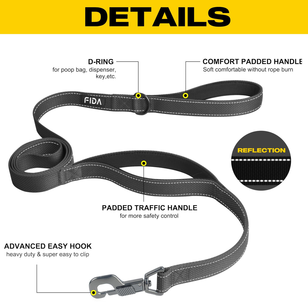 Fida 4-Foot Heavy Duty Dog Leash with Padded Handles & Traffic Handle, Reflective, Black