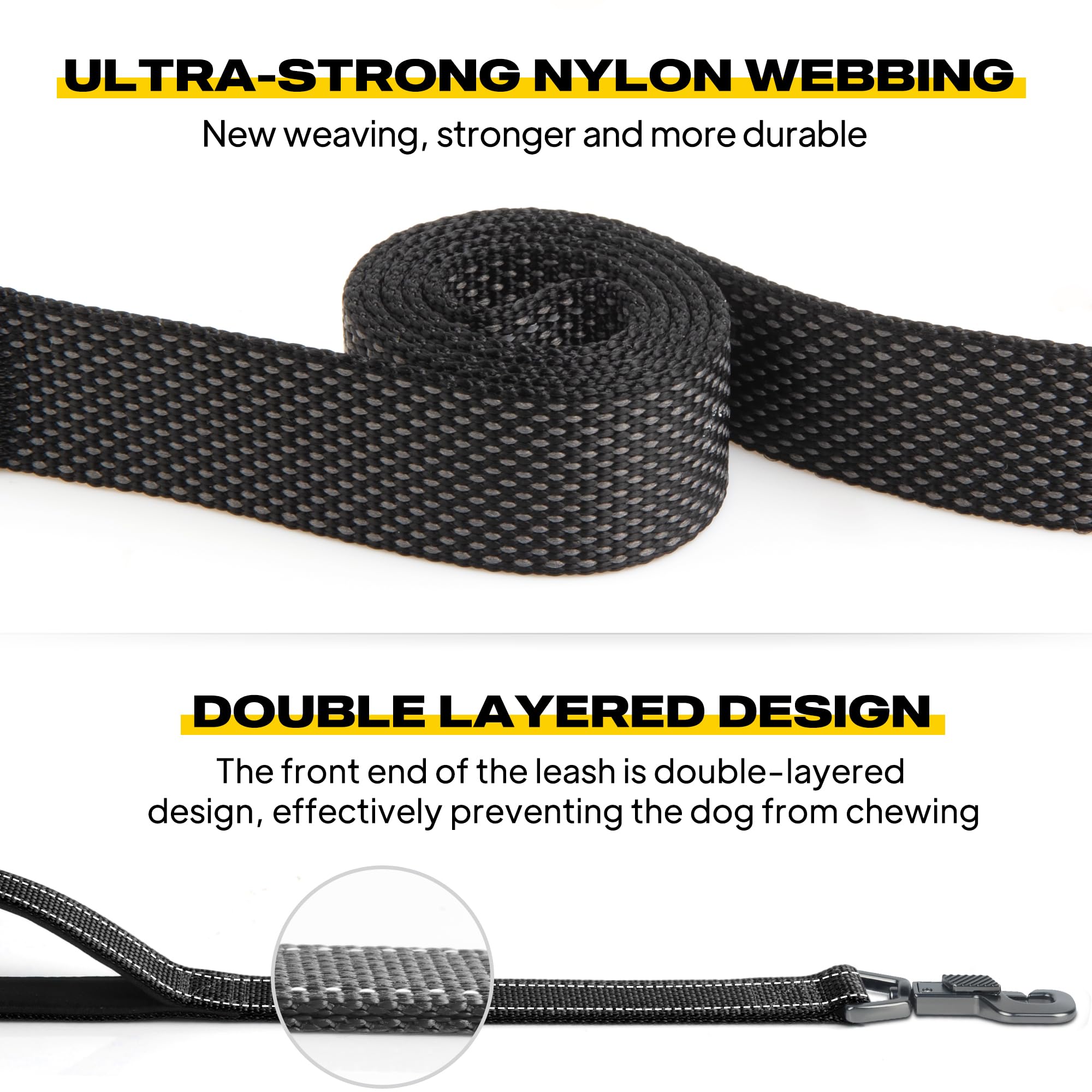 Fida 4-Foot Heavy Duty Dog Leash with Padded Handles & Traffic Handle, Reflective, Black