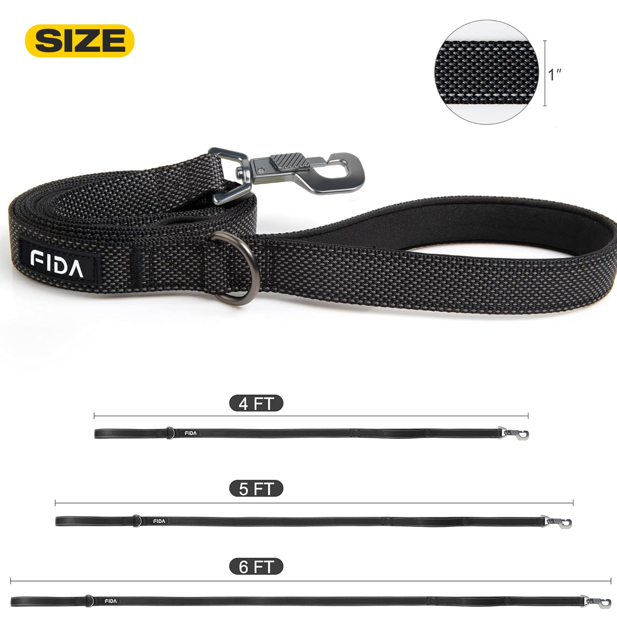 Fida 4-Foot Heavy Duty Dog Leash with Padded Handles & Traffic Handle, Reflective, Black