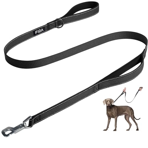 Fida 4-Foot Heavy Duty Dog Leash with Padded Handles & Traffic Handle, Reflective, Black