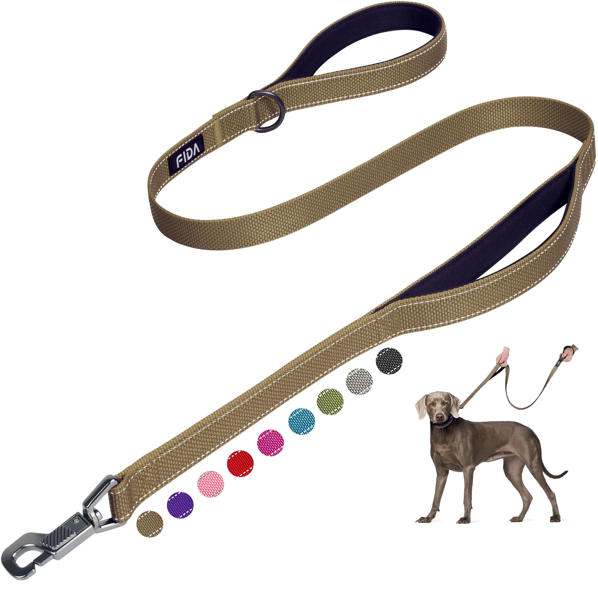 Fida 4 ft Heavy Duty Dog Leash with Padded Handles and Reflective Threads - Brown