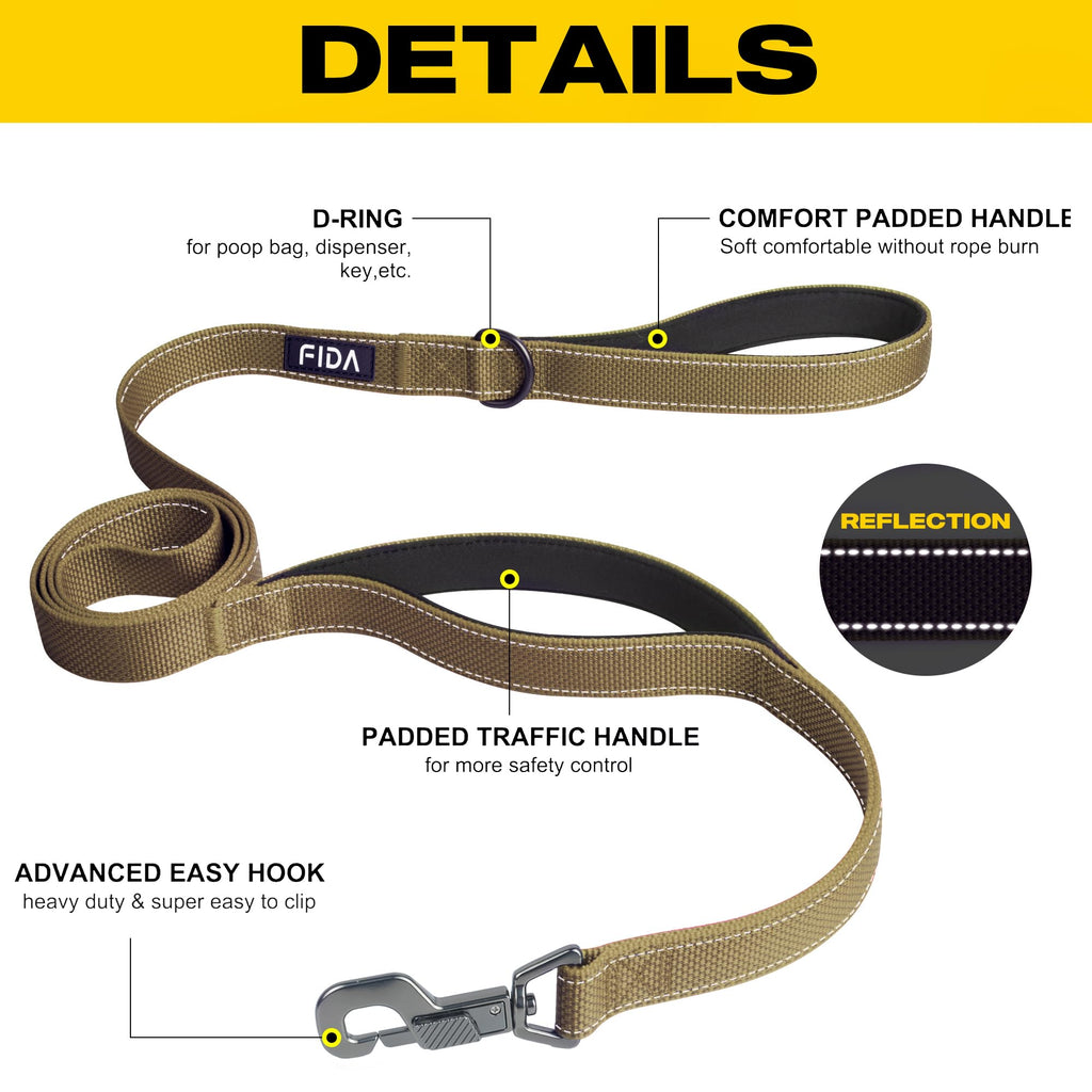 Fida 4 ft Heavy Duty Dog Leash with Padded Handles and Reflective Threads - Brown