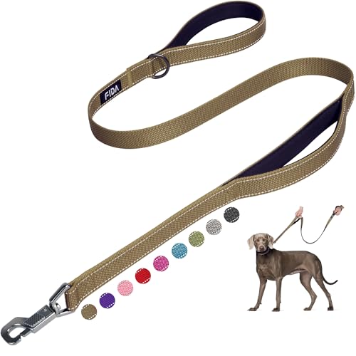 Fida 4 ft Heavy Duty Dog Leash with Padded Handles and Reflective Threads - Brown