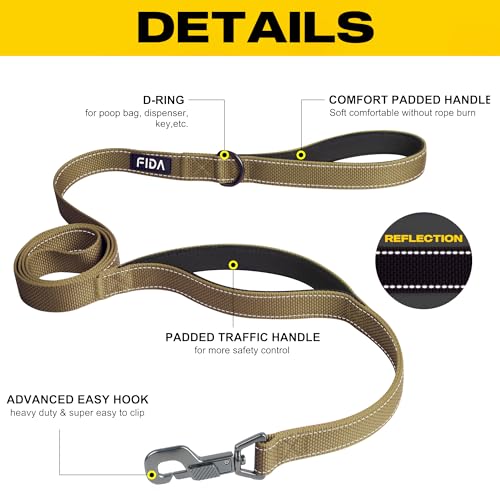 Fida 4 ft Heavy Duty Dog Leash with Padded Handles and Reflective Threads - Brown