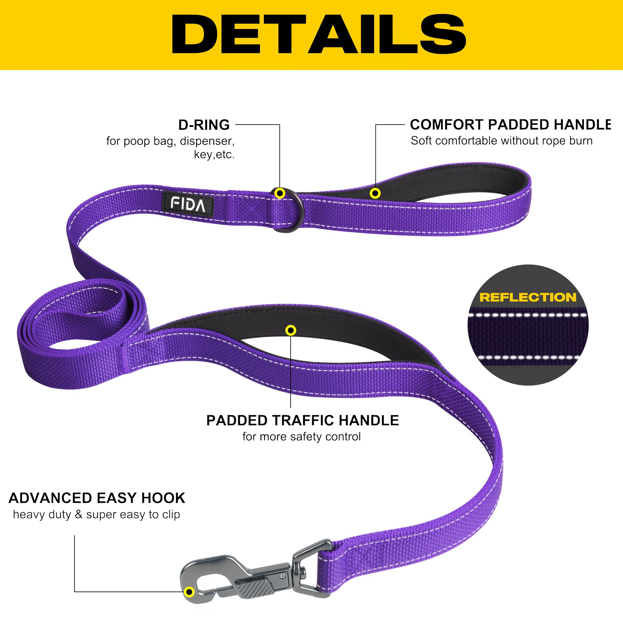 Fida 5-Foot Heavy Duty Dog Leash with Padded Handles, Traffic Handle & Reflective Threads - Purple