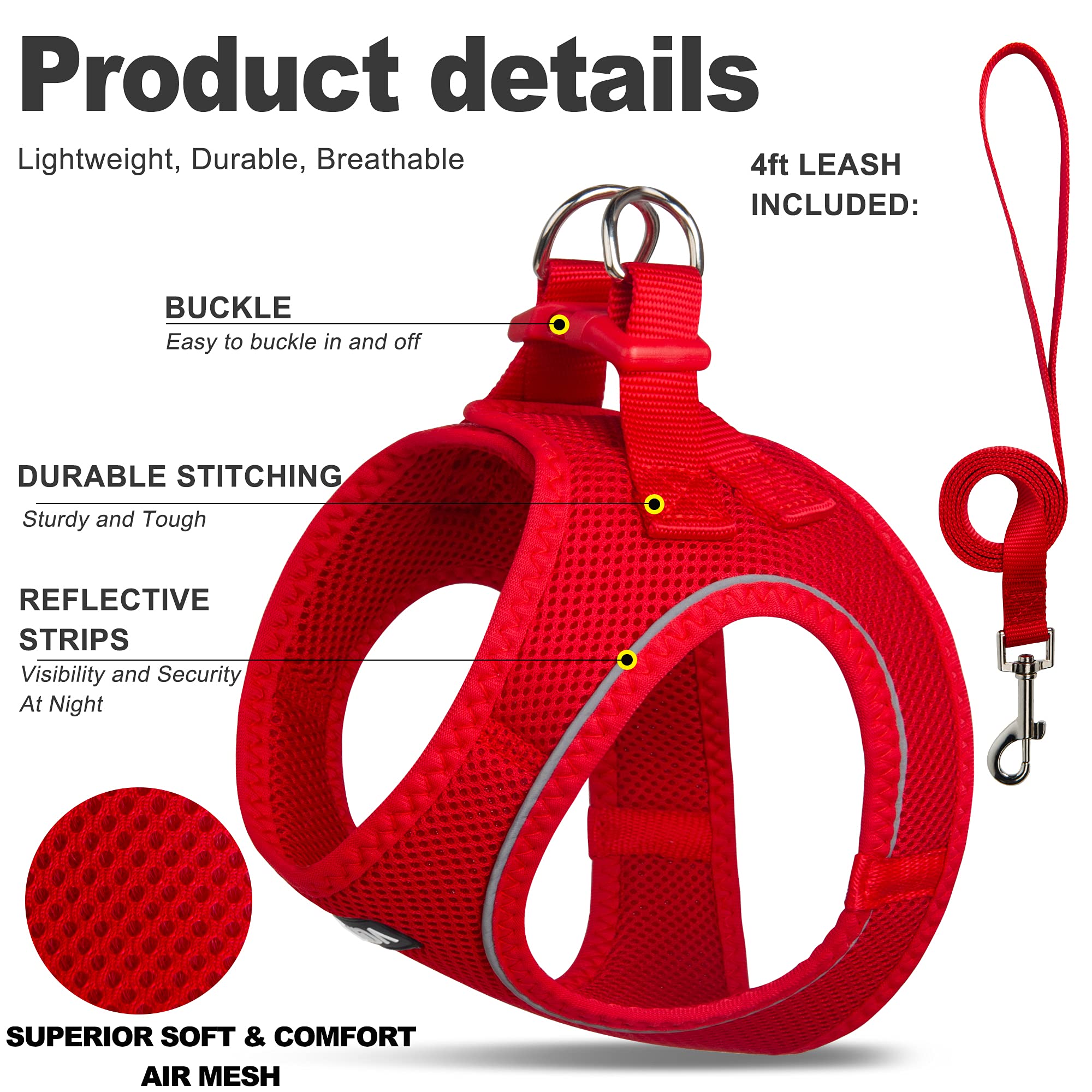 Fida Comfy Dog Harness & Leash Set - XS Red Step-In Air Mesh Vest for Small Dogs & Cats