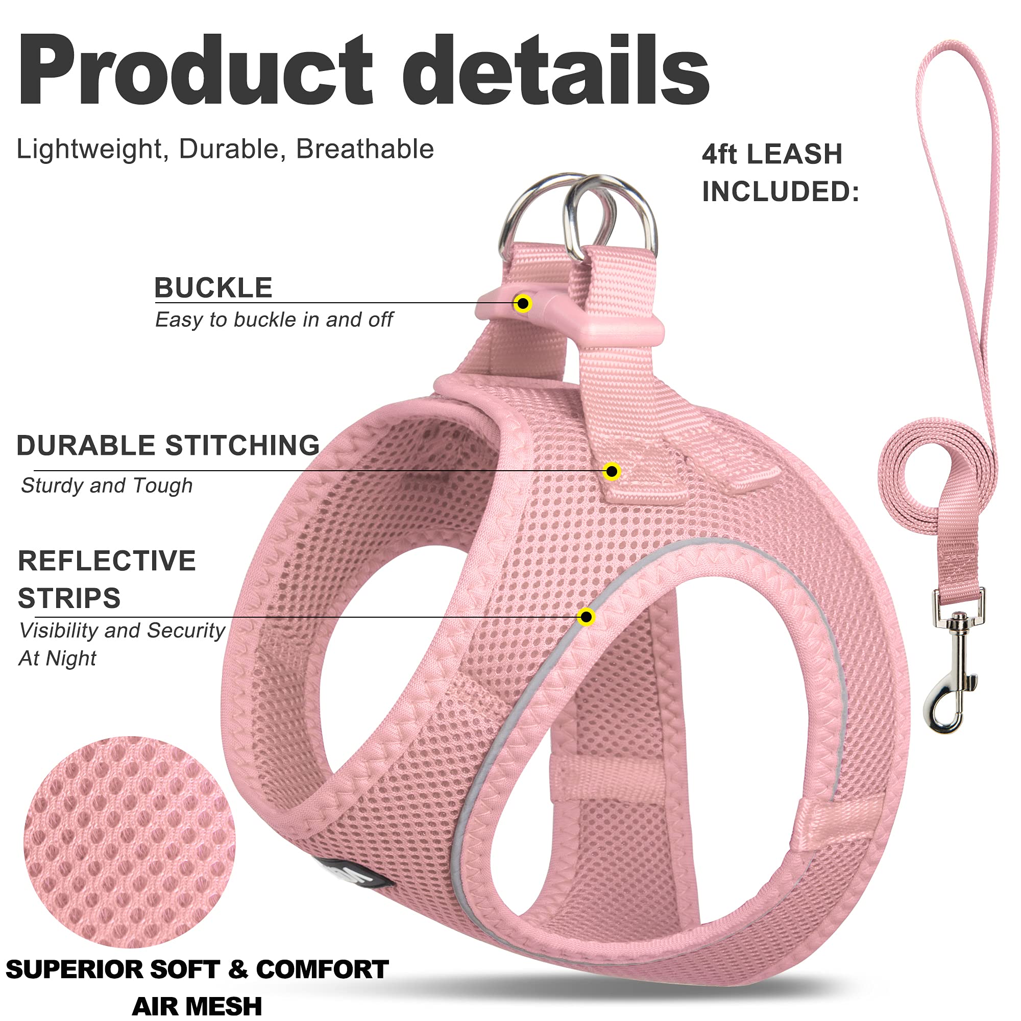 Fida Escape-Proof Cat Harness and Leash Set – Soft Mesh Step-In Vest for Small Kittens and Puppies (XXXS, Pink)