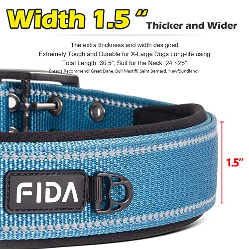 Fida Heavy Duty Dog Collar 1.5" Width - Ultra Soft Neoprene Padded, Adjustable Reflective Nylon with Metal Buckle for Extra-Large Breeds (XL, Blue)