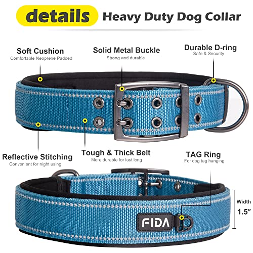 Fida Heavy Duty Dog Collar 1.5" Width - Ultra Soft Neoprene Padded, Adjustable Reflective Nylon with Metal Buckle for Extra-Large Breeds (XL, Blue)