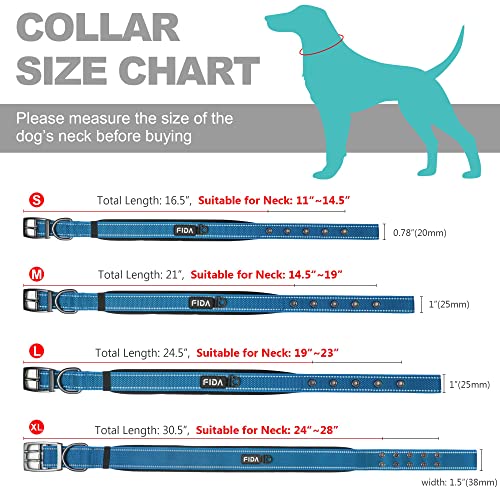 Fida Heavy Duty Dog Collar 1.5" Width - Ultra Soft Neoprene Padded, Adjustable Reflective Nylon with Metal Buckle for Extra-Large Breeds (XL, Blue)