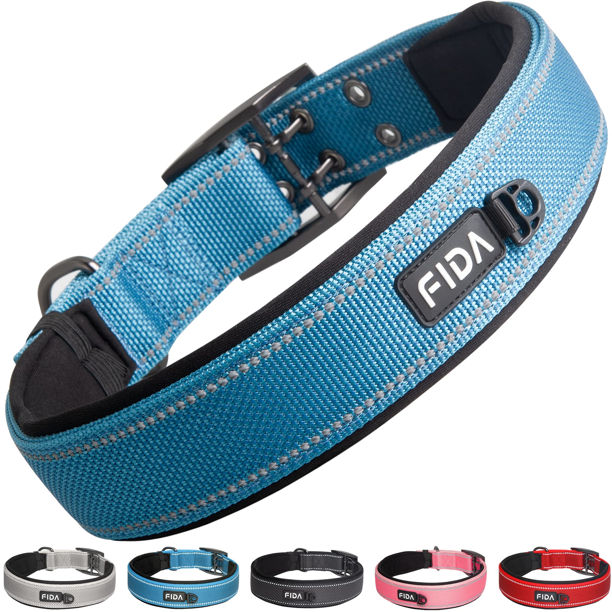 Fida Heavy Duty Dog Collar 1.5" Width - Ultra Soft Neoprene Padded, Adjustable Reflective Nylon with Metal Buckle for Extra-Large Breeds (XL, Blue)