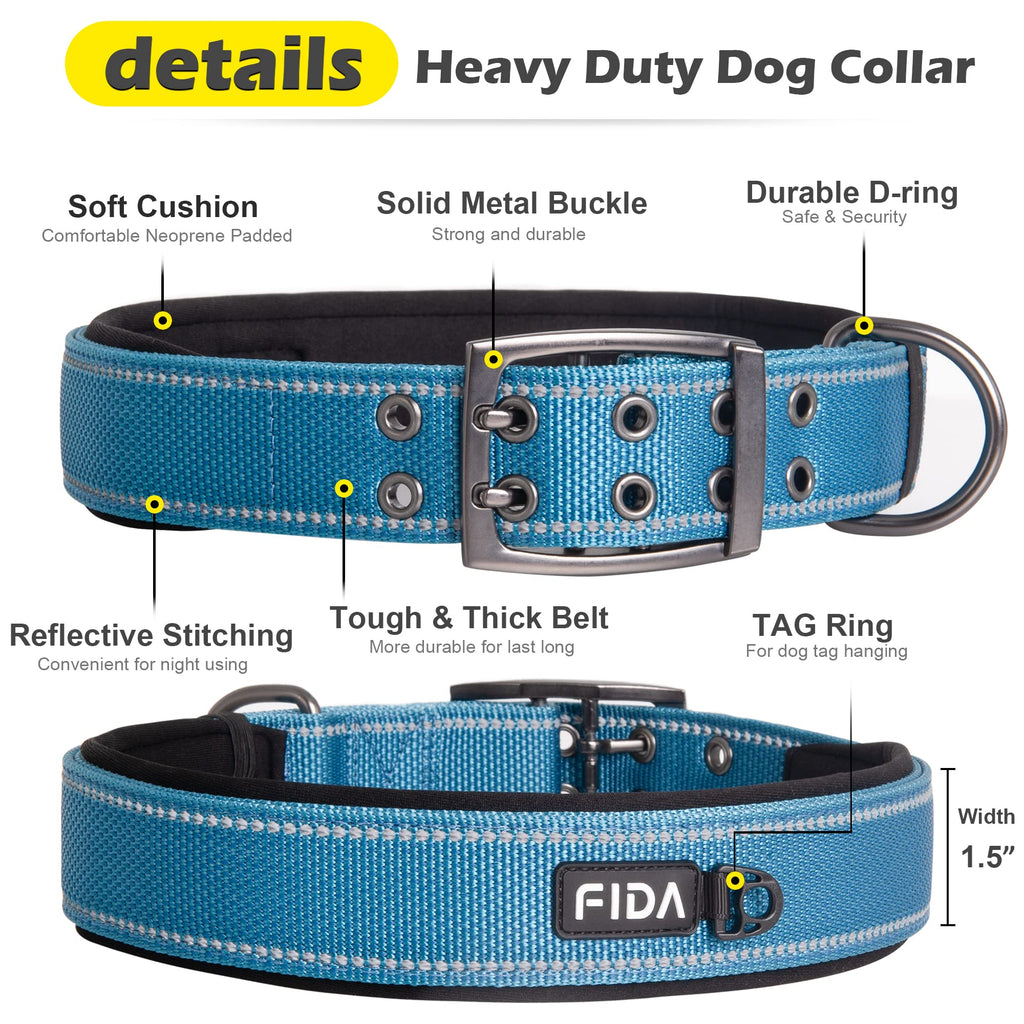 Fida Heavy Duty Dog Collar 1.5" Width - Ultra Soft Neoprene Padded, Adjustable Reflective Nylon with Metal Buckle for Extra-Large Breeds (XL, Blue)