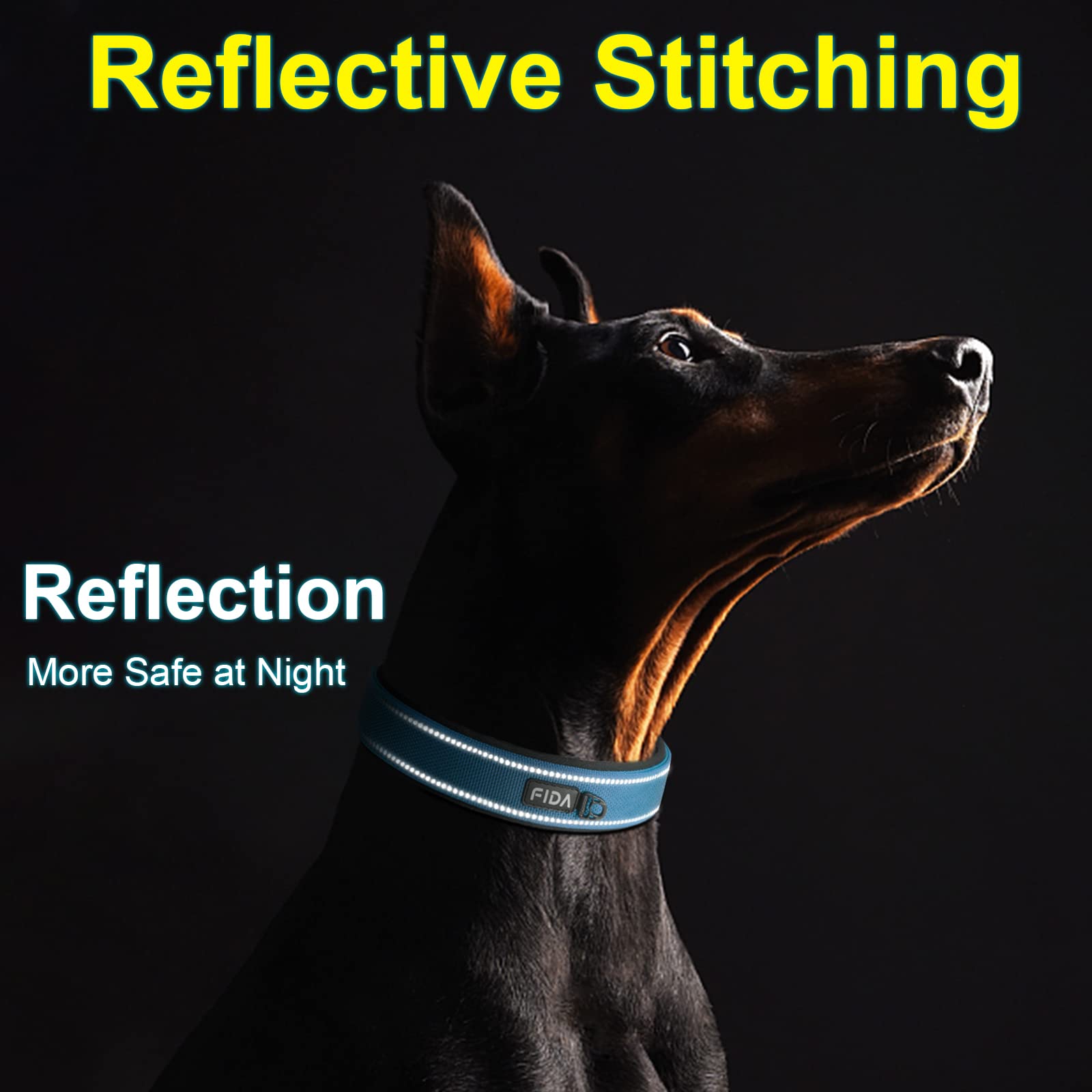 Fida Heavy Duty Dog Collar 1.5" Width - Ultra Soft Neoprene Padded, Adjustable Reflective Nylon with Metal Buckle for Extra-Large Breeds (XL, Blue)