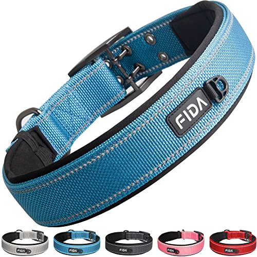 Fida Heavy Duty Dog Collar 1.5" Width - Ultra Soft Neoprene Padded, Adjustable Reflective Nylon with Metal Buckle for Extra-Large Breeds (XL, Blue)
