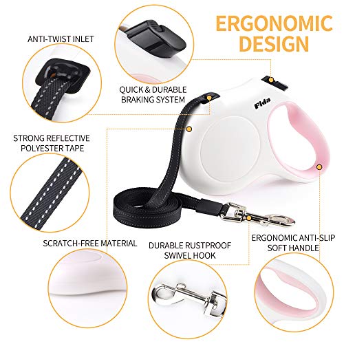 Fida Retractable Dog Leash 10 ft for X-Small Dogs and Cats up to 18 lbs – White Nylon Tape with Reflective Stitching, Poop Bag Dispenser Included