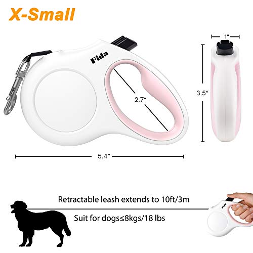 Fida Retractable Dog Leash 10 ft for X-Small Dogs and Cats up to 18 lbs – White Nylon Tape with Reflective Stitching, Poop Bag Dispenser Included