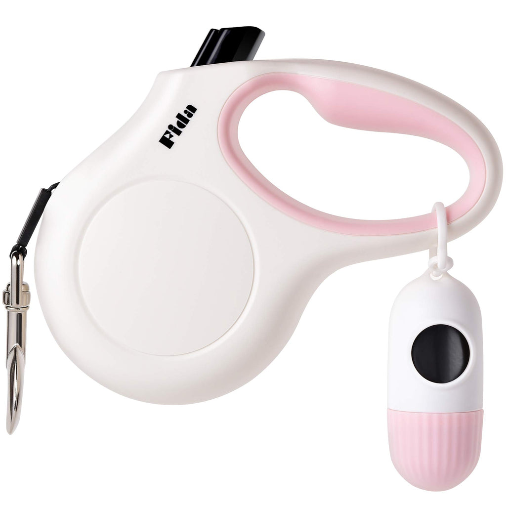 Fida Retractable Dog Leash 10 ft for X-Small Dogs and Cats up to 18 lbs – White Nylon Tape with Reflective Stitching, Poop Bag Dispenser Included