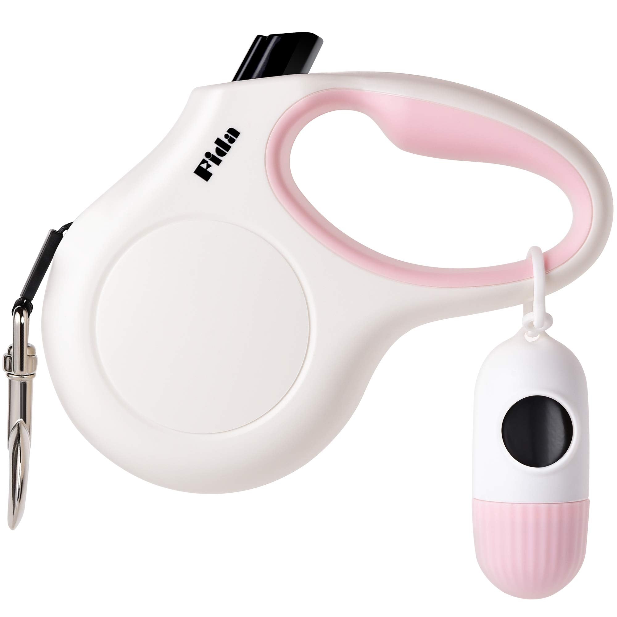 Fida Retractable Dog Leash 10 ft for X-Small Dogs and Cats up to 18 lbs – White Nylon Tape with Reflective Stitching, Poop Bag Dispenser Included