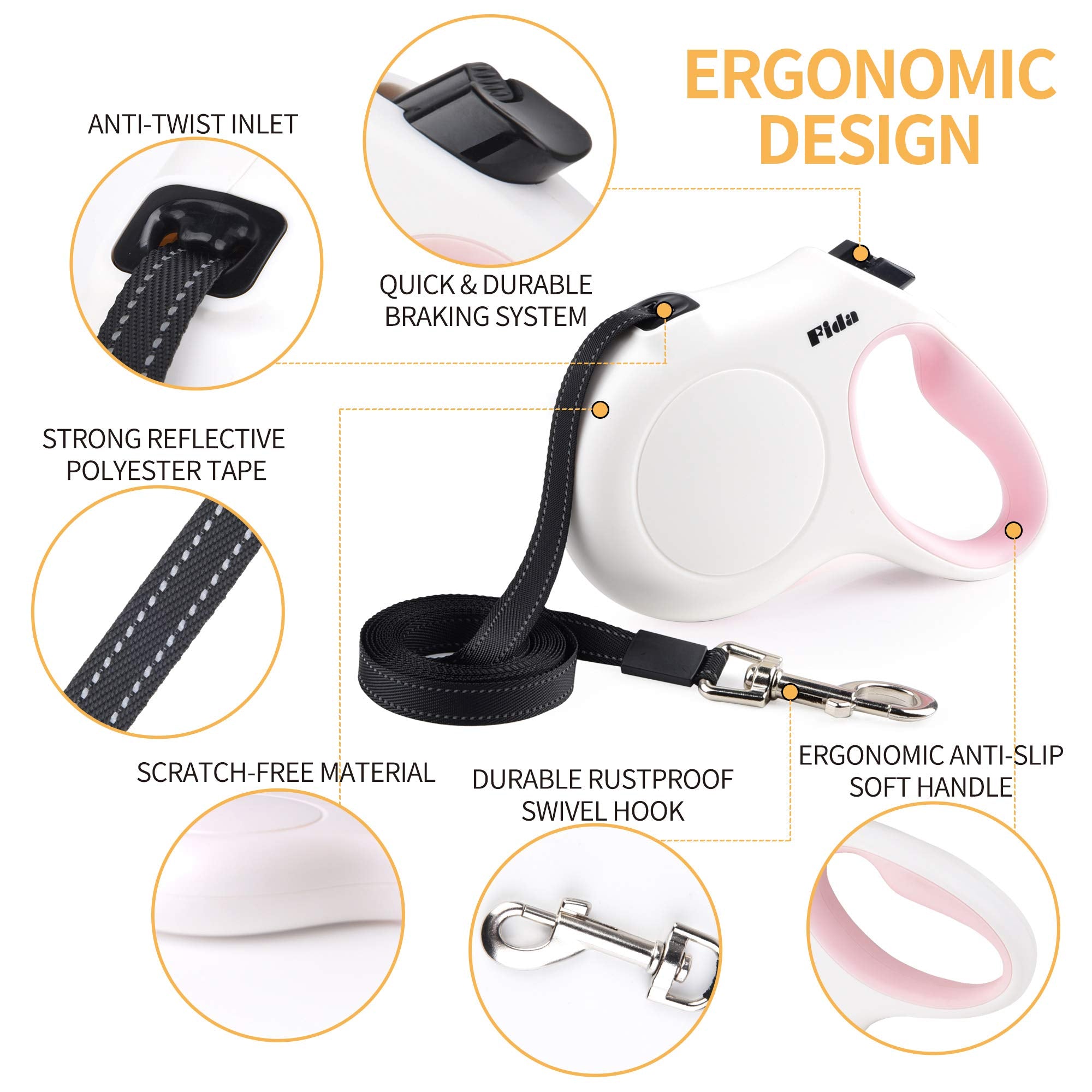 Fida Retractable Dog Leash 10 ft for X-Small Dogs and Cats up to 18 lbs – White Nylon Tape with Reflective Stitching, Poop Bag Dispenser Included