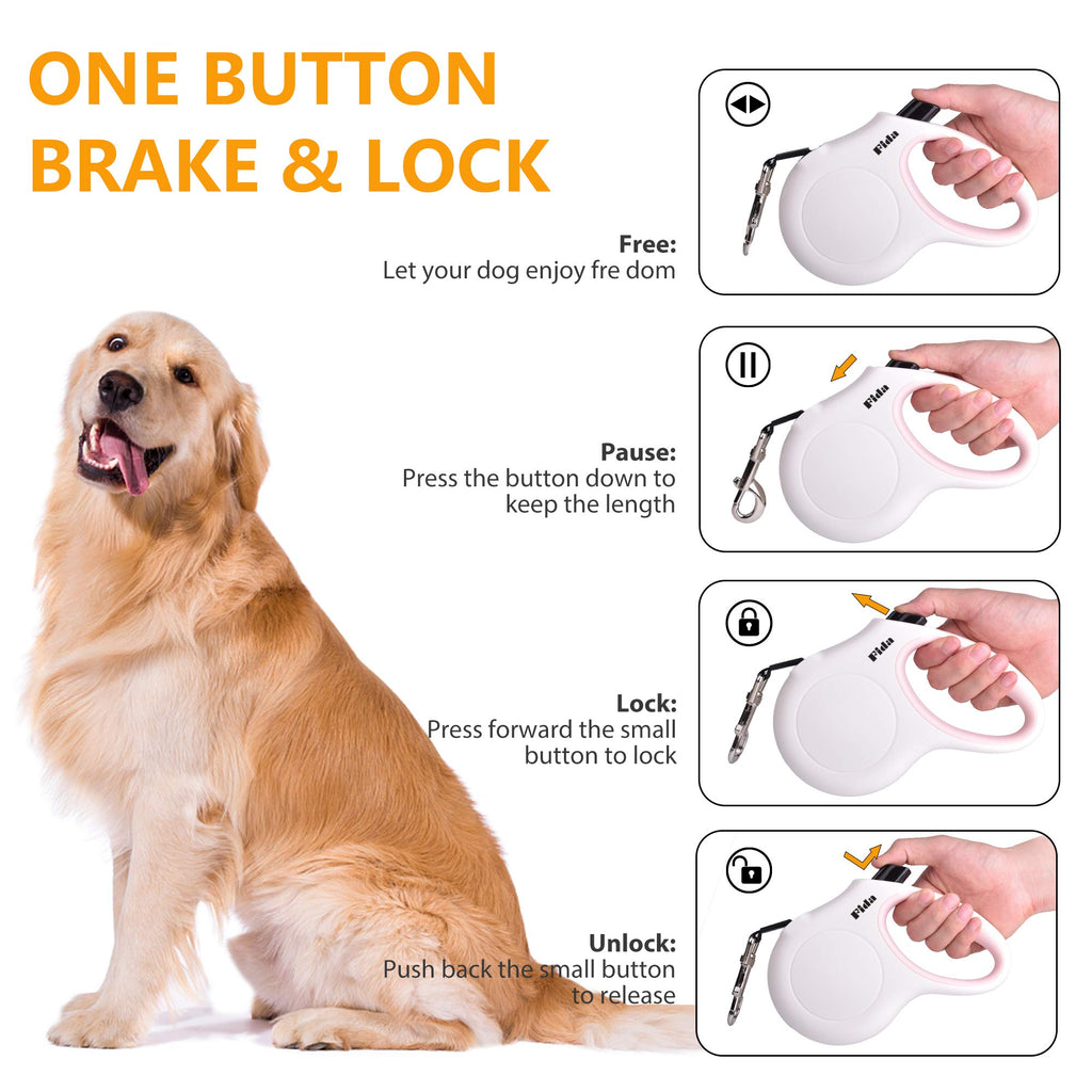 Fida Retractable Dog Leash 10 ft for X-Small Dogs and Cats up to 18 lbs – White Nylon Tape with Reflective Stitching, Poop Bag Dispenser Included