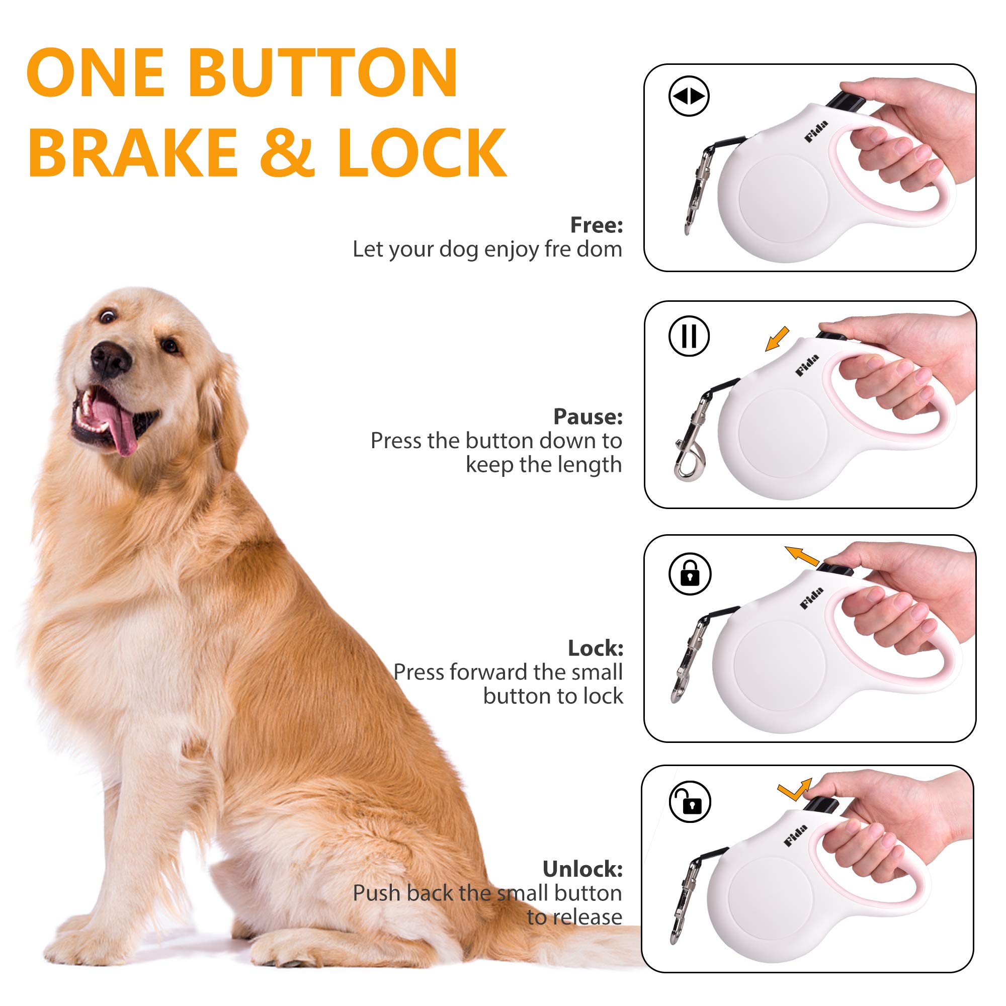 Fida Retractable Dog Leash 10 ft for X-Small Dogs and Cats up to 18 lbs – White Nylon Tape with Reflective Stitching, Poop Bag Dispenser Included