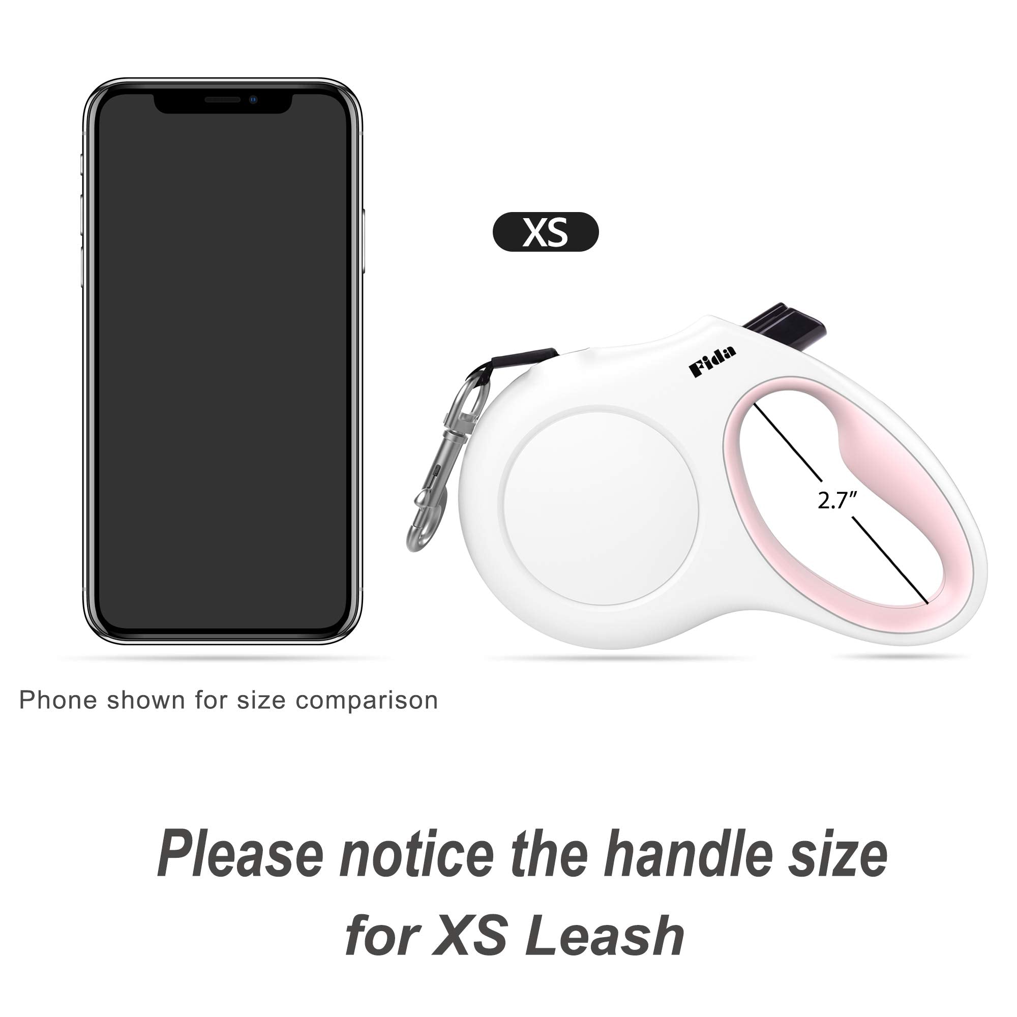 Fida Retractable Dog Leash 10 ft for X-Small Dogs and Cats up to 18 lbs – White Nylon Tape with Reflective Stitching, Poop Bag Dispenser Included