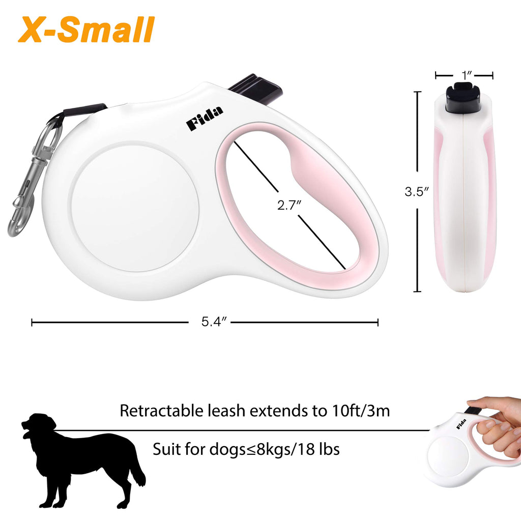 Fida Retractable Dog Leash 10 ft for X-Small Dogs and Cats up to 18 lbs – White Nylon Tape with Reflective Stitching, Poop Bag Dispenser Included