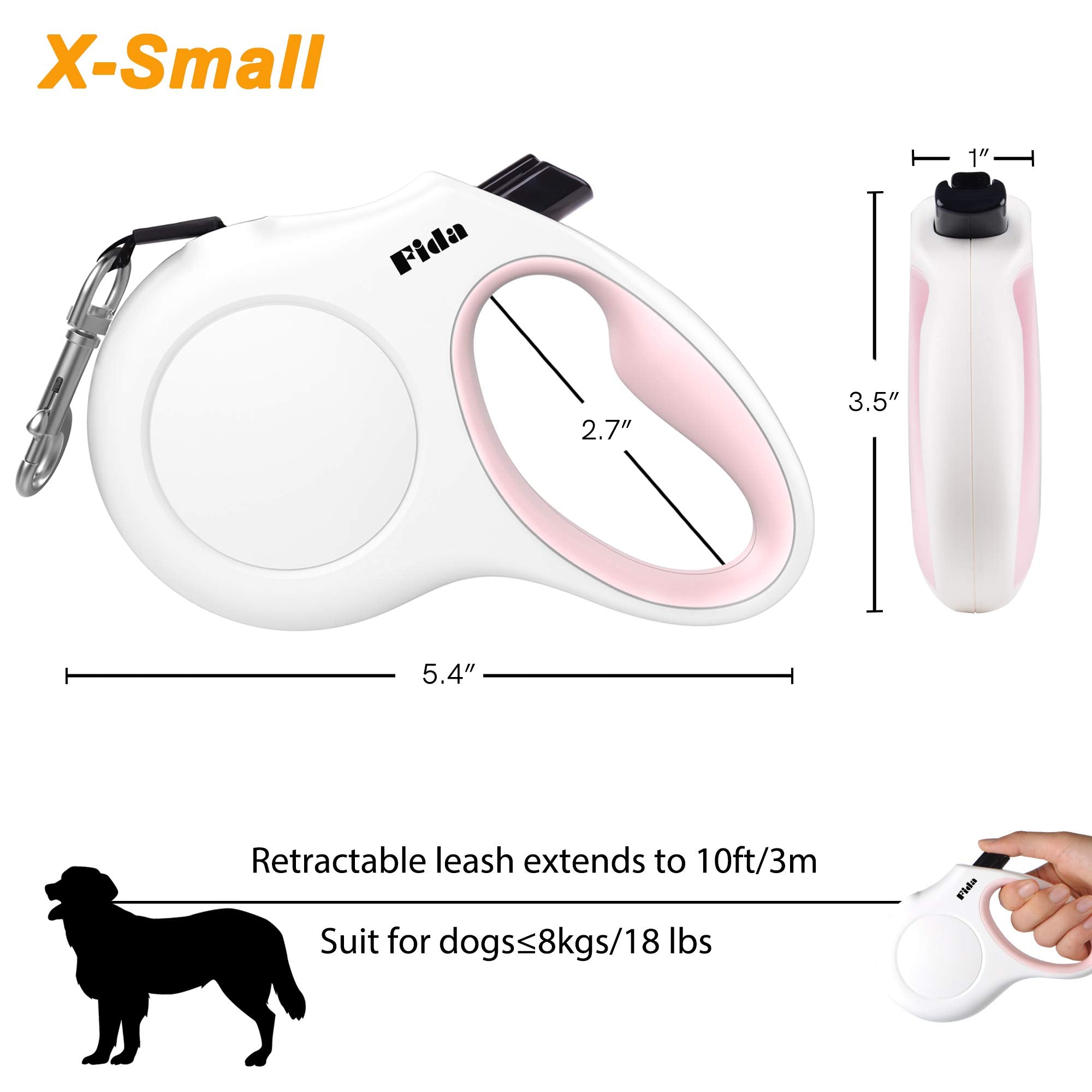 Fida Retractable Dog Leash 10 ft for X-Small Dogs and Cats up to 18 lbs – White Nylon Tape with Reflective Stitching, Poop Bag Dispenser Included