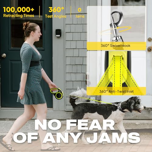 Fida Retractable Dog Leash 16ft Reflective Heavy Duty for Small Dogs up to 26 lbs, Tangle-Free One-Hand Brake, Neon Yellow