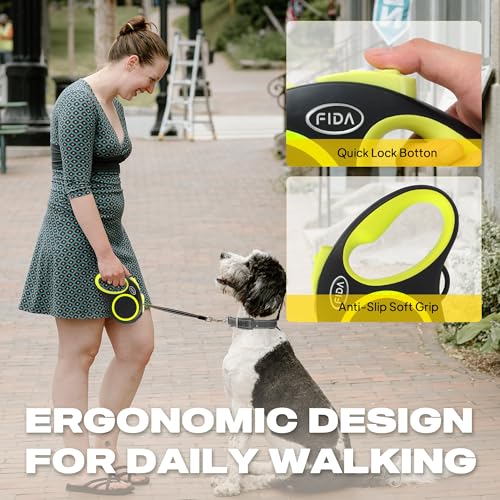 Fida Retractable Dog Leash 16ft Reflective Heavy Duty for Small Dogs up to 26 lbs, Tangle-Free One-Hand Brake, Neon Yellow