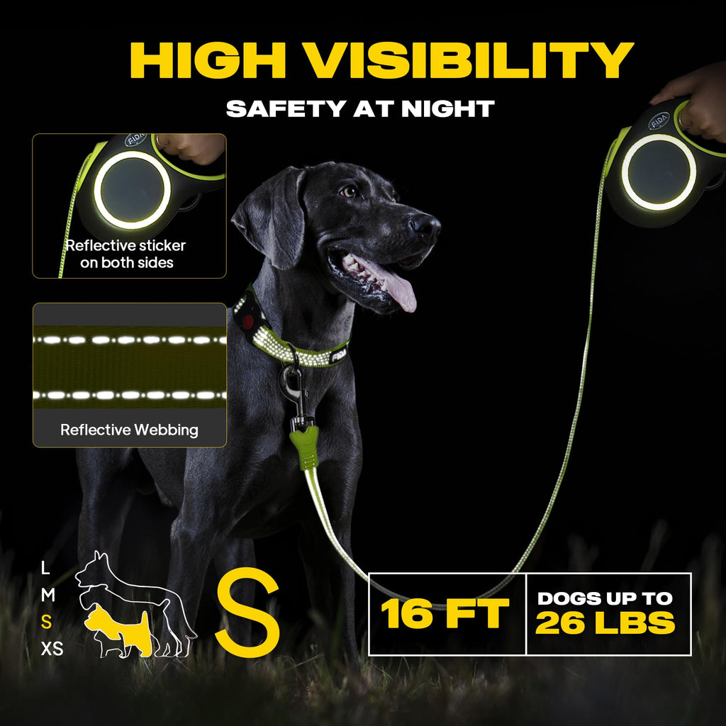 Fida Retractable Dog Leash 16ft Reflective Heavy Duty for Small Dogs up to 26 lbs, Tangle-Free One-Hand Brake, Neon Yellow