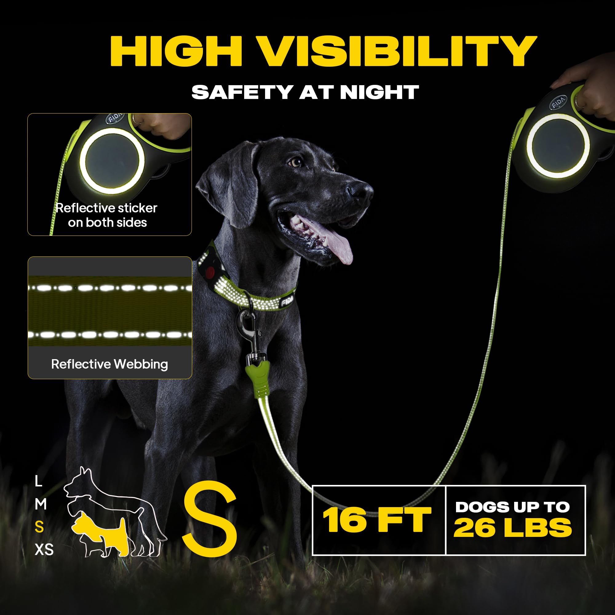 Fida Retractable Dog Leash 16ft Reflective Heavy Duty for Small Dogs up to 26 lbs, Tangle-Free One-Hand Brake, Neon Yellow