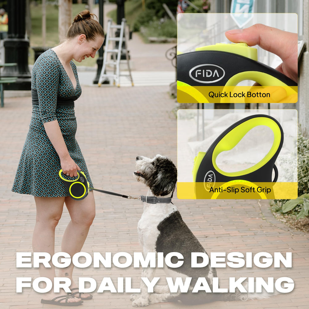 Fida Retractable Dog Leash 16ft Reflective Heavy Duty for Small Dogs up to 26 lbs, Tangle-Free One-Hand Brake, Neon Yellow