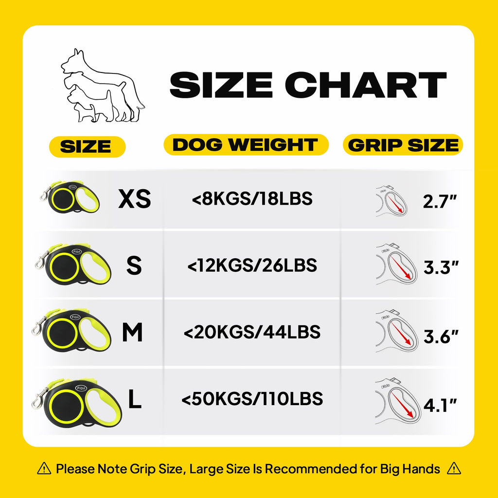 Fida Retractable Dog Leash 16ft Reflective Heavy Duty for Small Dogs up to 26 lbs, Tangle-Free One-Hand Brake, Neon Yellow