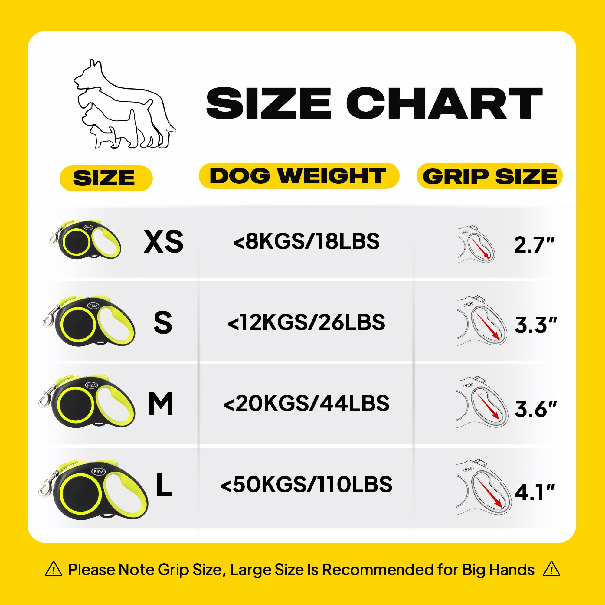 Fida Retractable Dog Leash 16ft Reflective Heavy Duty for Small Dogs up to 26 lbs, Tangle-Free One-Hand Brake, Neon Yellow