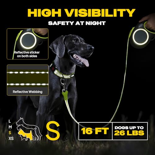 Fida Retractable Dog Leash 16ft Reflective Heavy Duty for Small Dogs up to 26 lbs, Tangle-Free One-Hand Brake, Neon Yellow