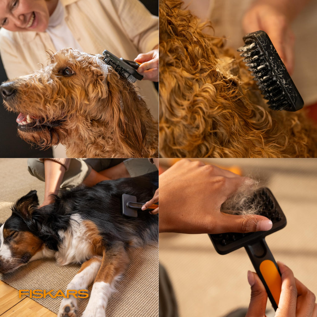 Fiskars Silicone Pet Brush with SoftGrip Handle – Gentle Grooming and Deshedding for Cats and Dogs