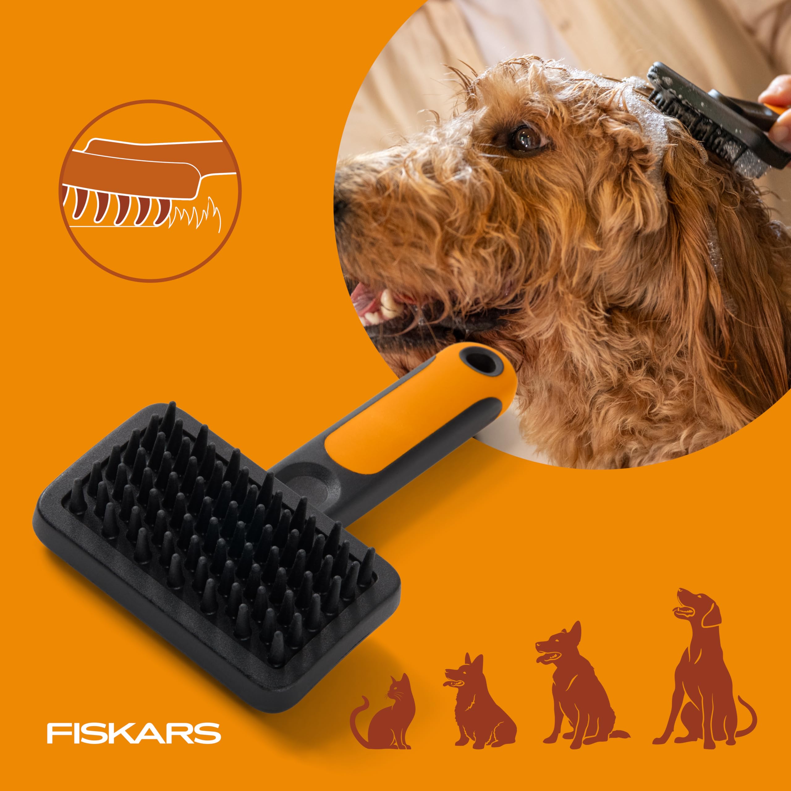 Fiskars Silicone Pet Brush with SoftGrip Handle – Gentle Grooming and Deshedding for Cats and Dogs