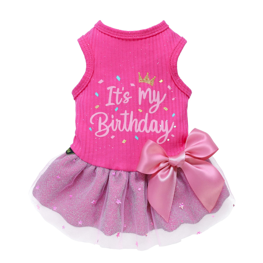 Fitwarm It's My Birthday Dog Dress with Bowknot for Small Dogs and Cats - Pink, XS