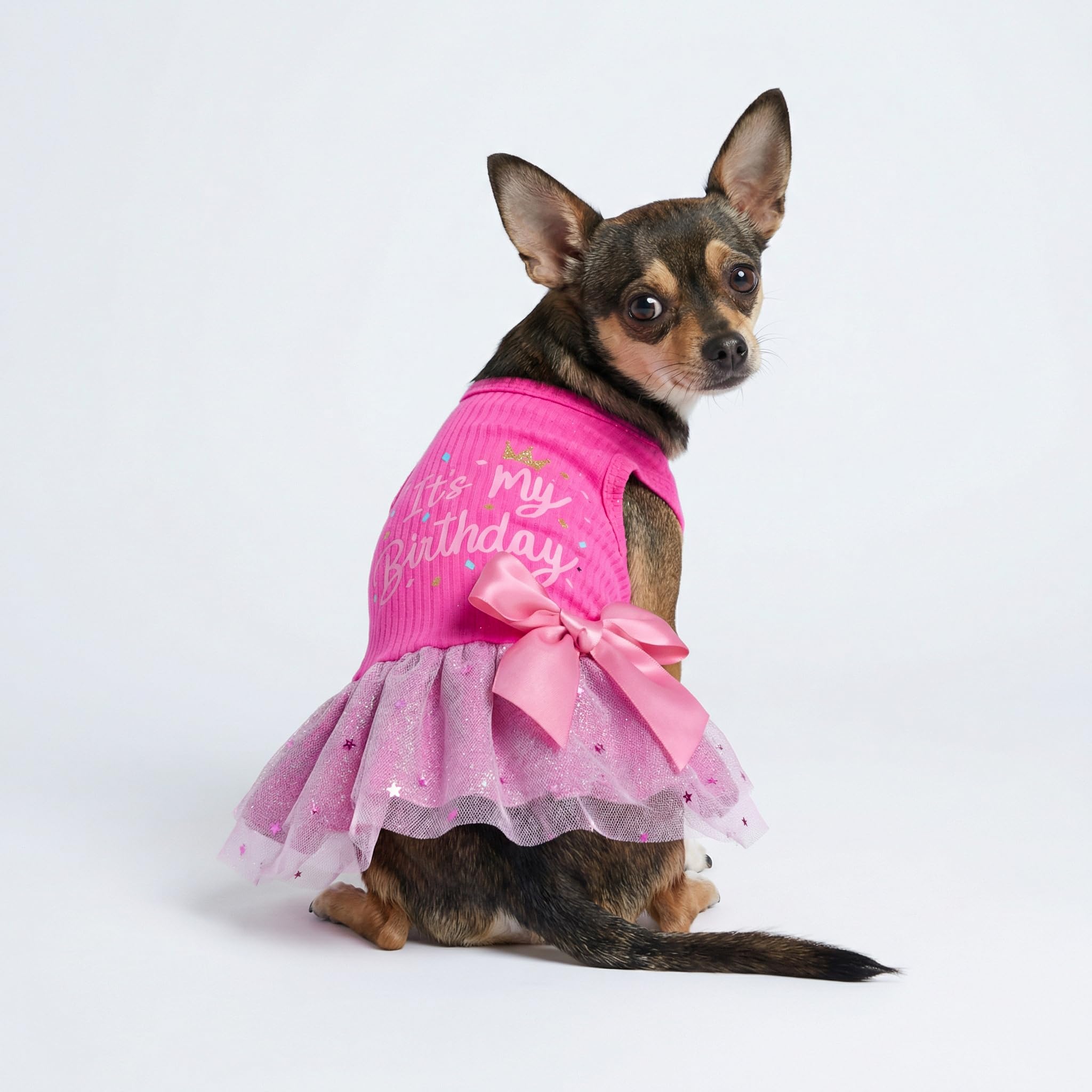 Fitwarm It's My Birthday Dog Dress with Bowknot for Small Dogs and Cats - Pink, XS