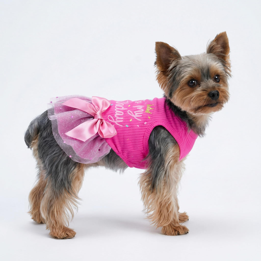 Fitwarm It's My Birthday Dog Dress with Bowknot for Small Dogs and Cats - Pink, XS