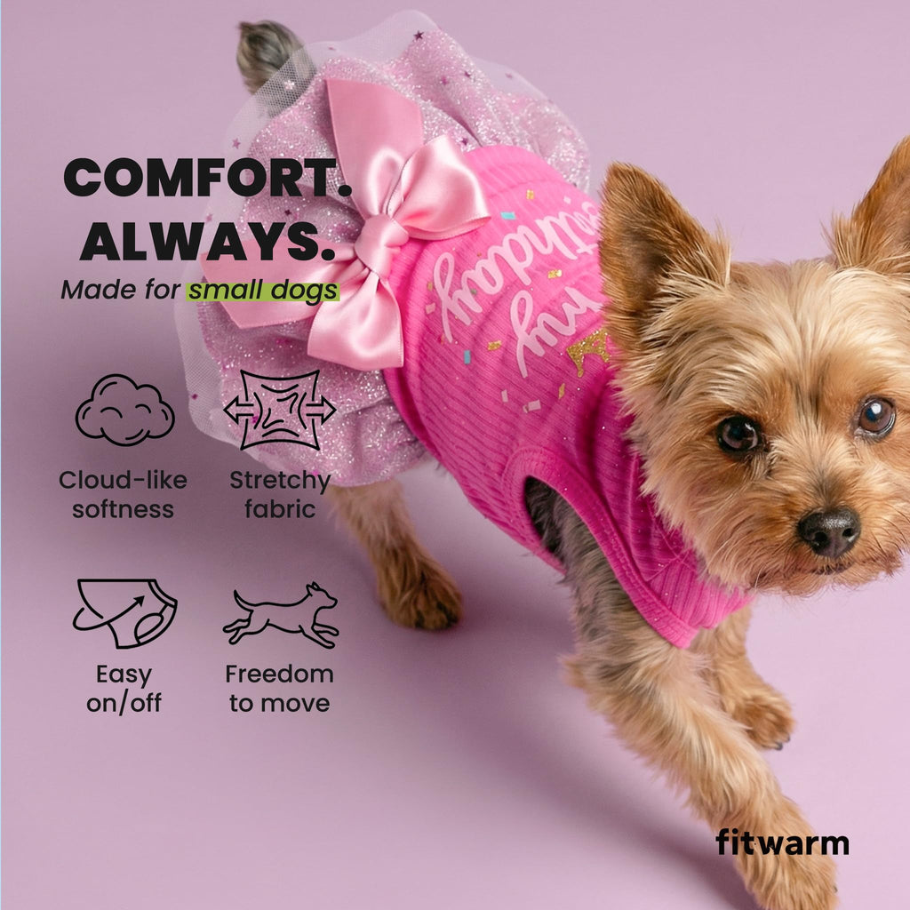 Fitwarm It's My Birthday Dog Dress with Bowknot for Small Dogs and Cats - Pink, XS