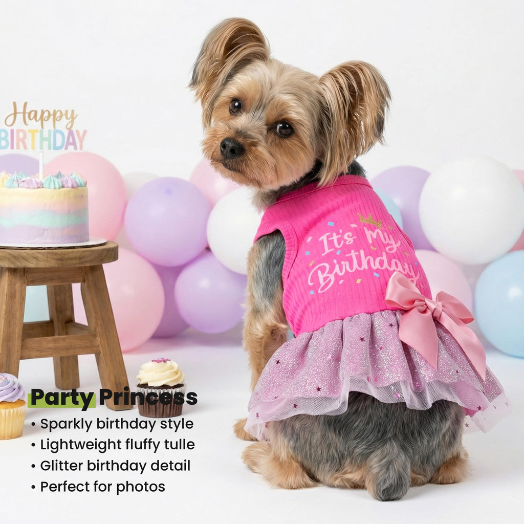 Fitwarm It's My Birthday Dog Dress with Bowknot for Small Dogs and Cats - Pink, XS