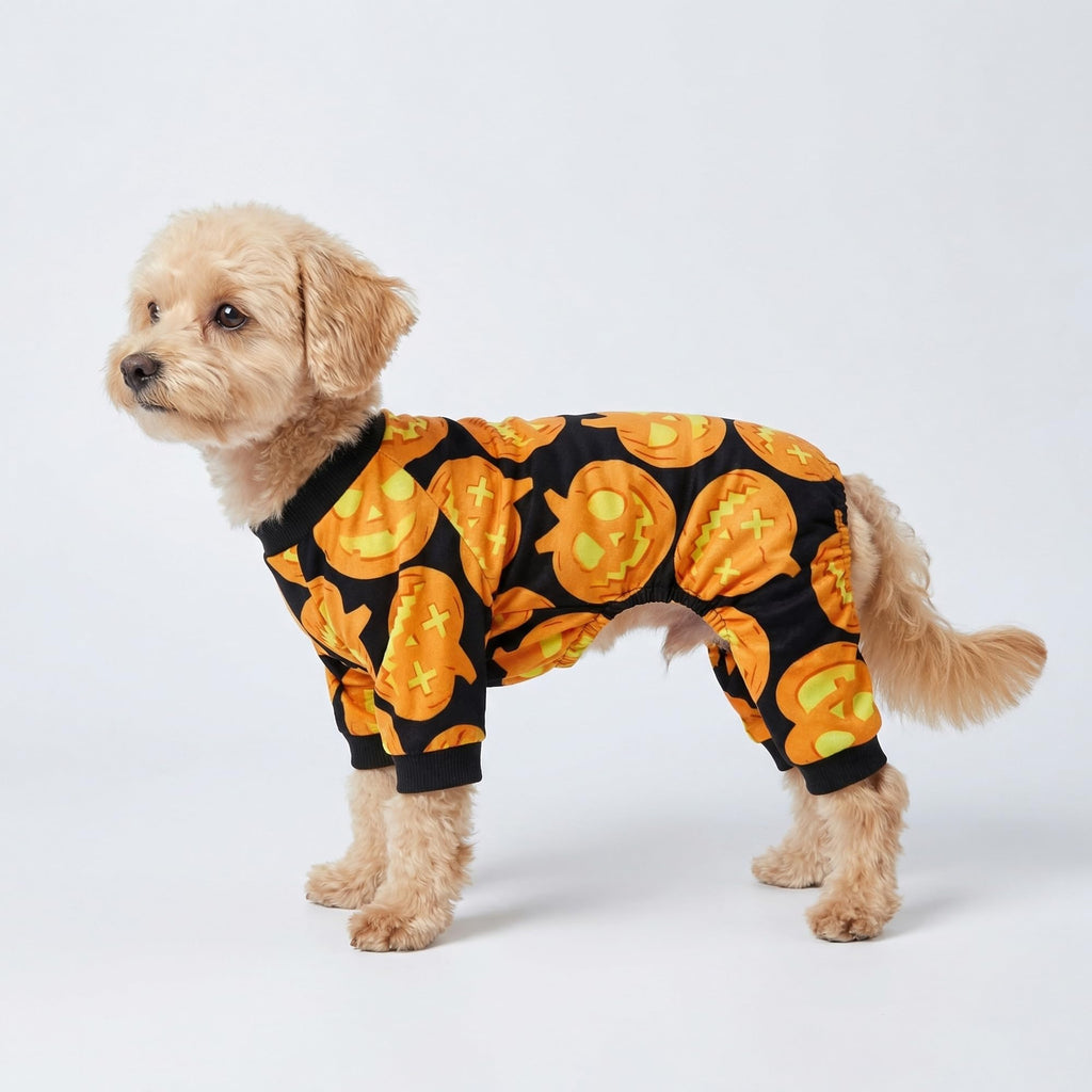 Fitwarm Medium Halloween Pumpkin Dog Pajamas – Black & Orange Velvet Onesie for Small Dogs and Cats